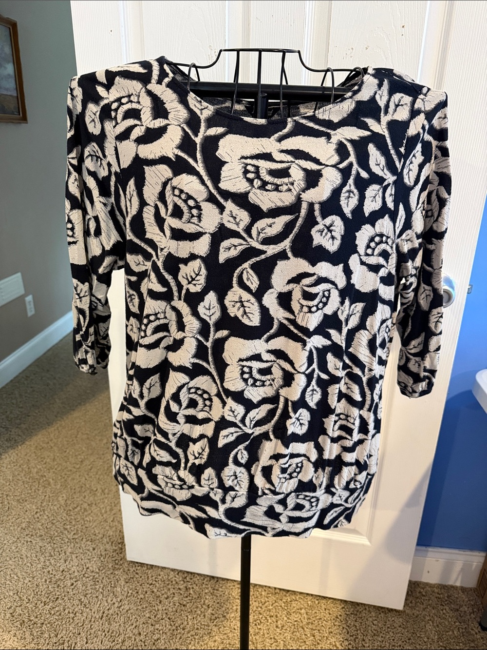 Lucky Brand Black & Cream Floral  3/4 Sleeve Blouse XXL